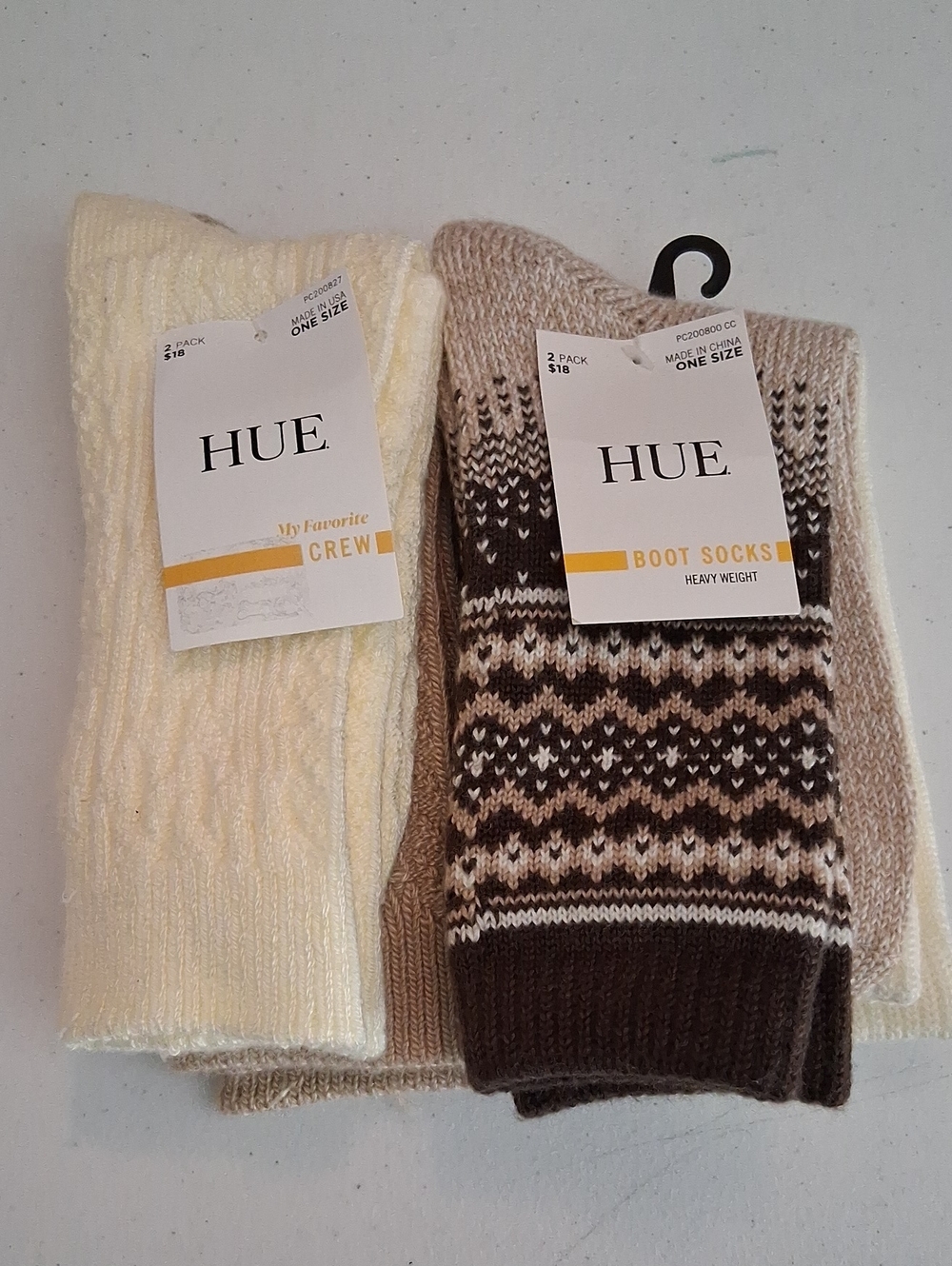 HUE Women's 2-Pack Crew & Boot Socks - Cream and Brown Pattern